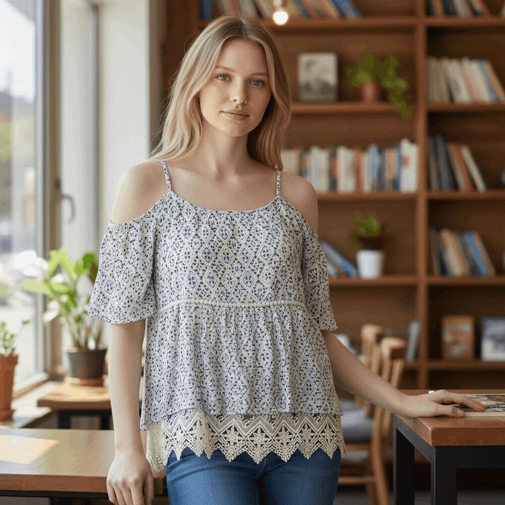 Skies Are Blue Langlock Cold Shoulder‎ Top Crochet Lace Trim Blue White Medium